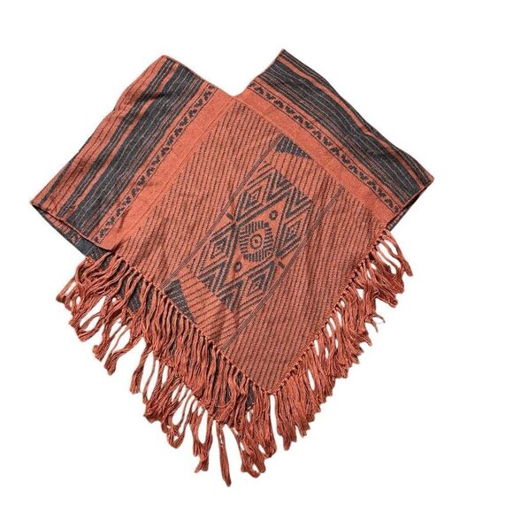 SOL ALPACA Fringe Poncho Orange Gray One Size - Picture 2 of 8